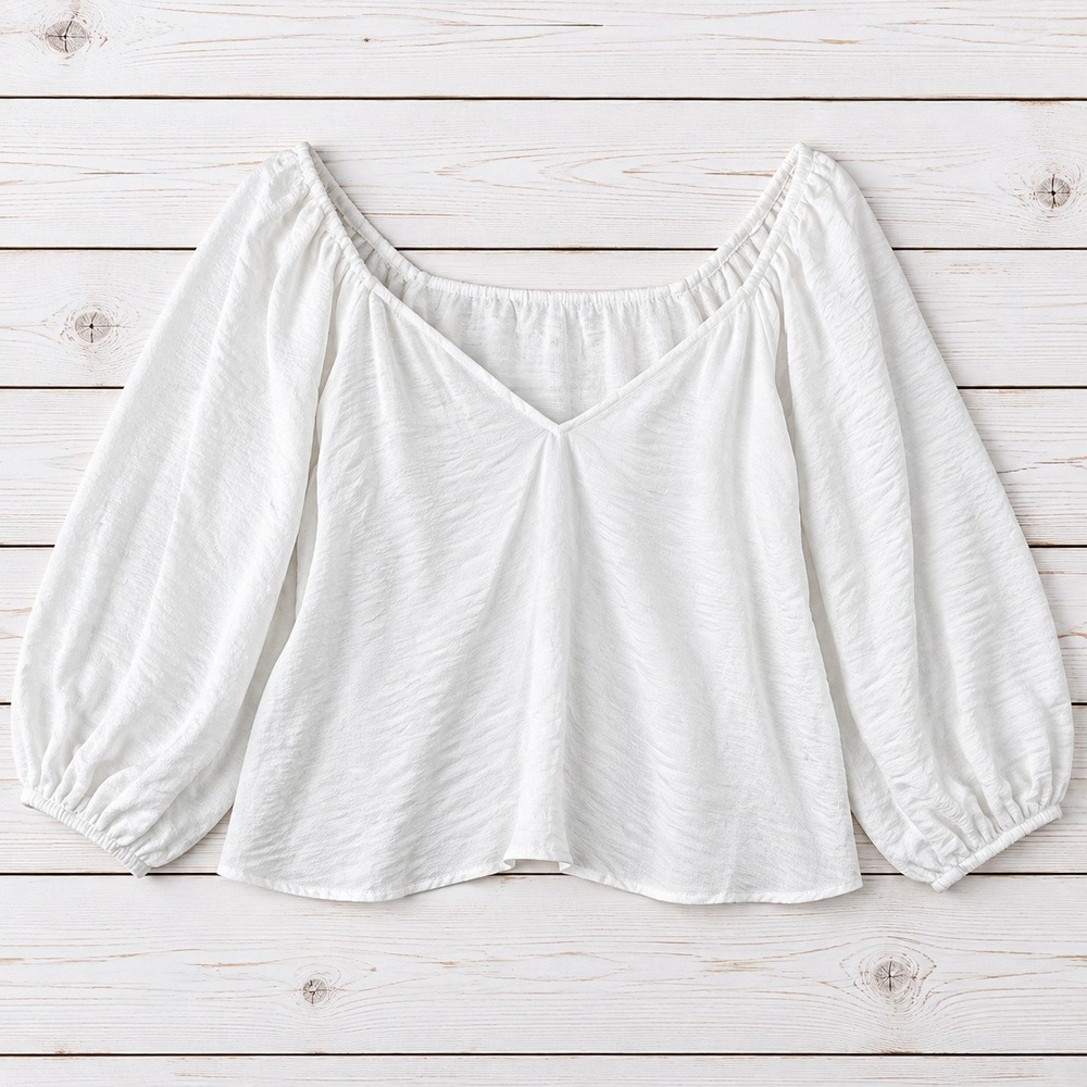 Steve Madden White Puff Sleeve Blouse Textured V-Neck Cottagecore Boho Top S